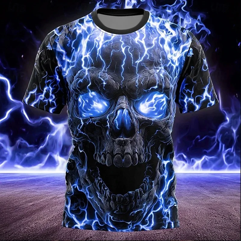 Trendy man 3D horror skull T-shirt Gothic summer short sleeved round neck loose personality eye-catching dark trendy top