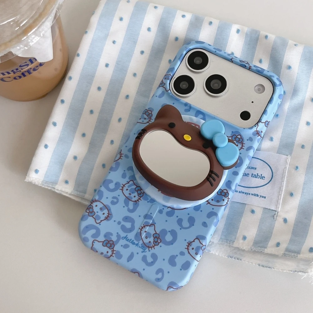 Cute Sanrio Hello Kitty Magnetic Makeup Mirror Holder Magsafe Wireless Charge Phone Case For iPhone 17 16 15 14 Pro Max Cover