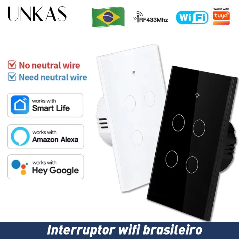UNKAS Works with Tuya  Brazil Smart Life Light Switch WiFi Touch Sensor APP Remote Control No Neutral Wire for Alexa Google Home