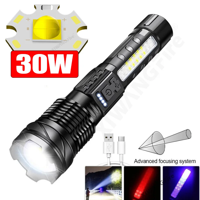 High Strong P70 Led Flashlights Telescopic Zoom Tactical Emergency Spotlights Built-in Battery USB Rechargeable Camping Torch