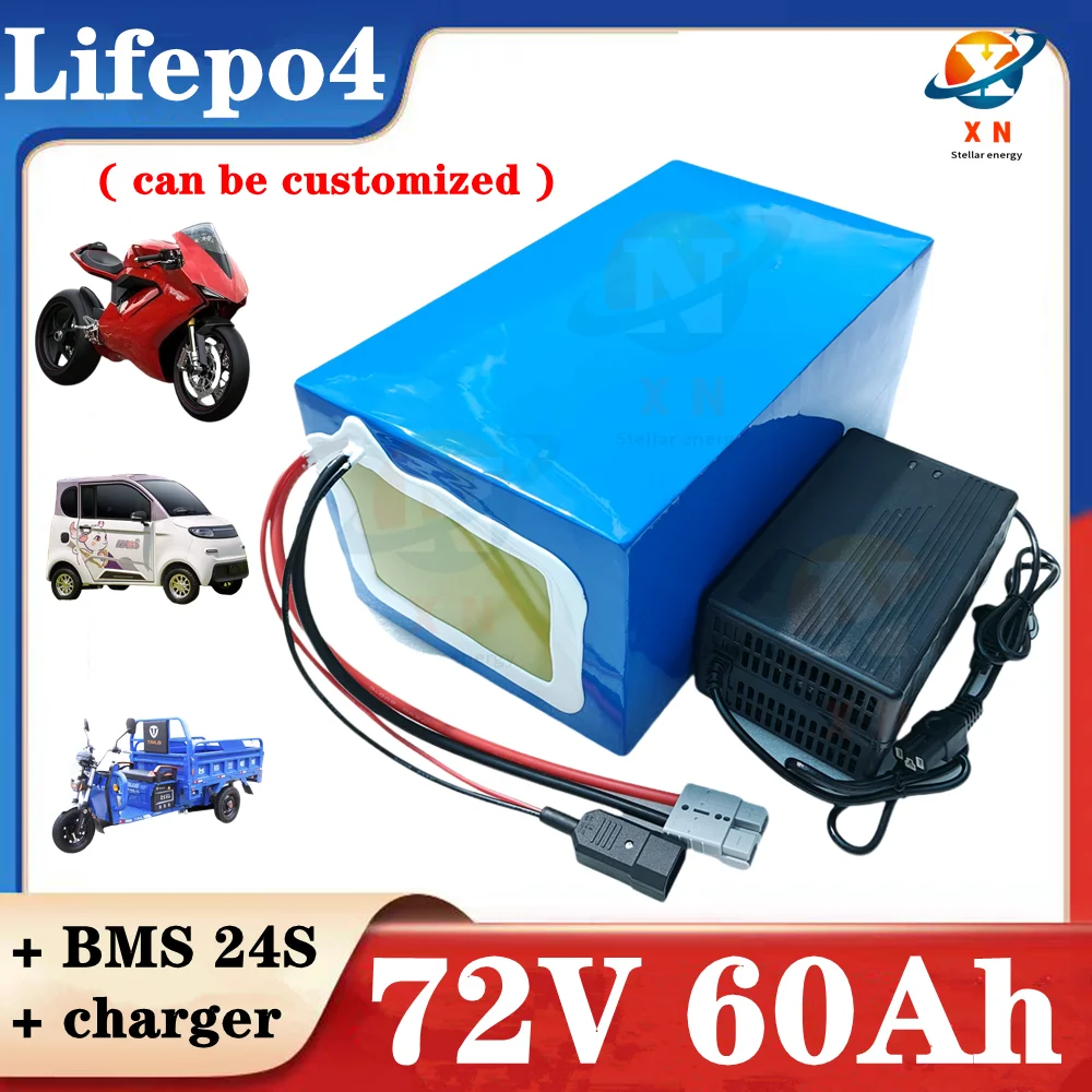 lithium 72V 60Ah lifepo4 battery pack BMS 24S 76.8V deep cycle for 5000W 3500W bike scooter Motorcycle