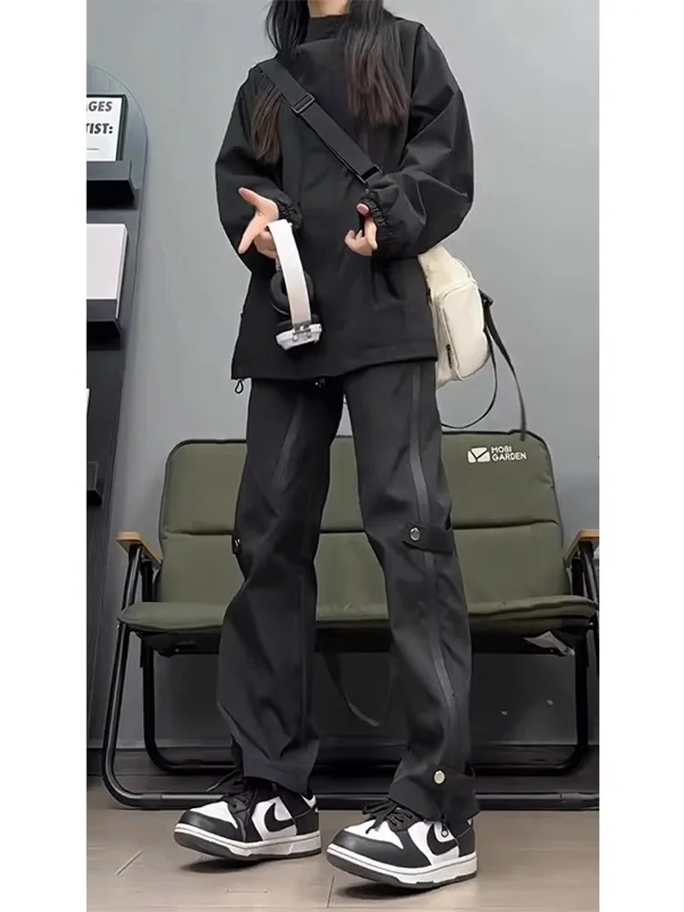 Black Waterproof Outdoor Workwear Trousers Men's Autumn Casual Long Pants Side Zip Straight Leg Utility Pants Youth Active Style