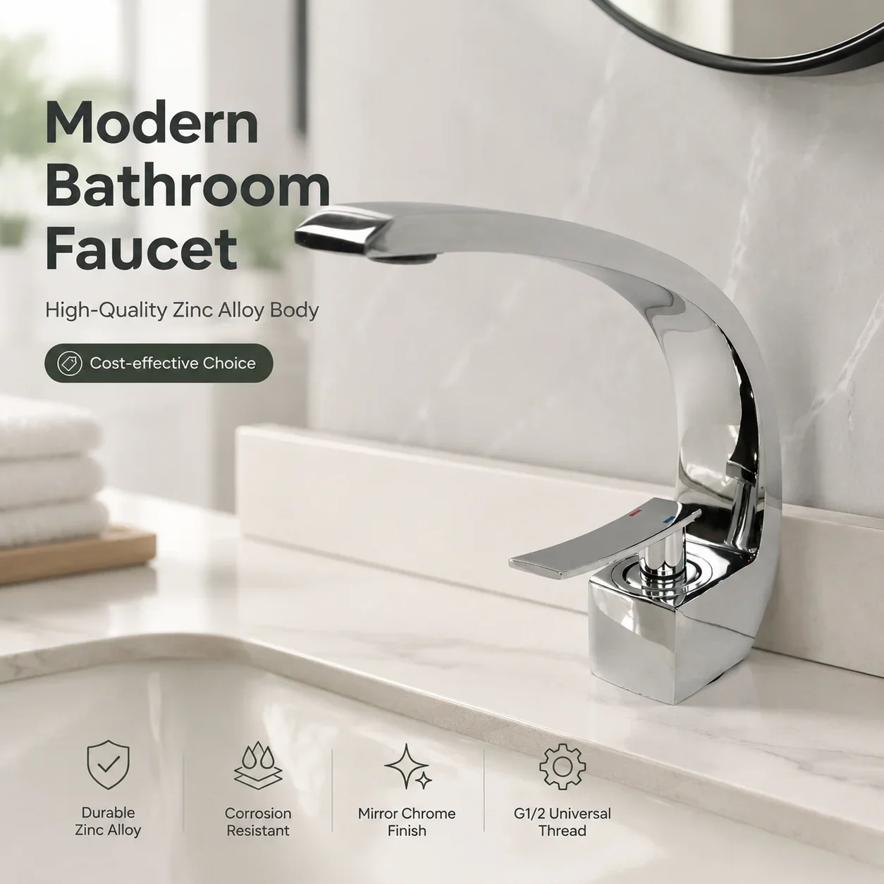 Mirror Bright Chrome Zinc Alloy Single Handle Basin Faucet Modern Curved Large Curved Mouth Hot and Cold Bathroom Basin Faucet