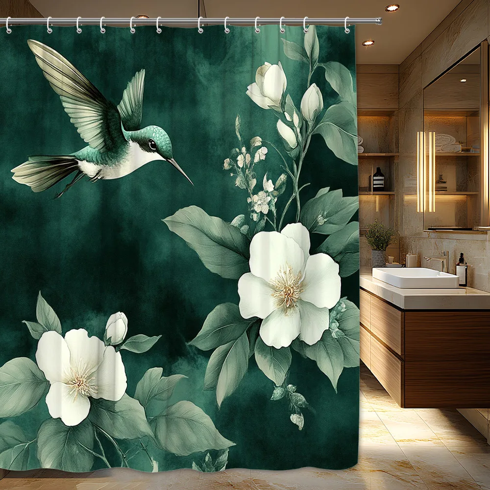 

1pc Tranquil Hummingbird Shower Curtain - Green & White Flowers, Dark Green Background, Soft Pink Centers