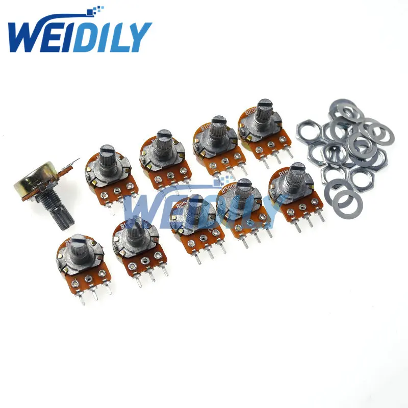 10PCS WH148 Linear Potentiometer Kit Single Joint B1K 2K 5K 10K 20K 50K 100K 250K 500K 1M ohm With Nut And Washe 3Pin 15mm Shaft