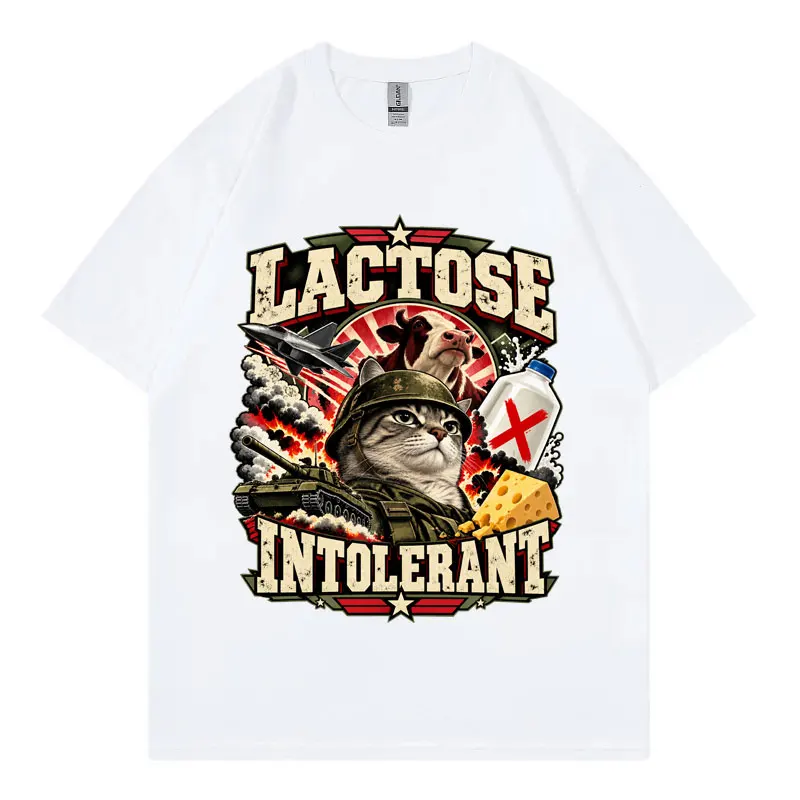 Lactose Intolerant Funny Cat Meme Graphic T Shirts Men Women Fashion Vintage T-shirts High Quality Cotton Short Sleeve T-shirt