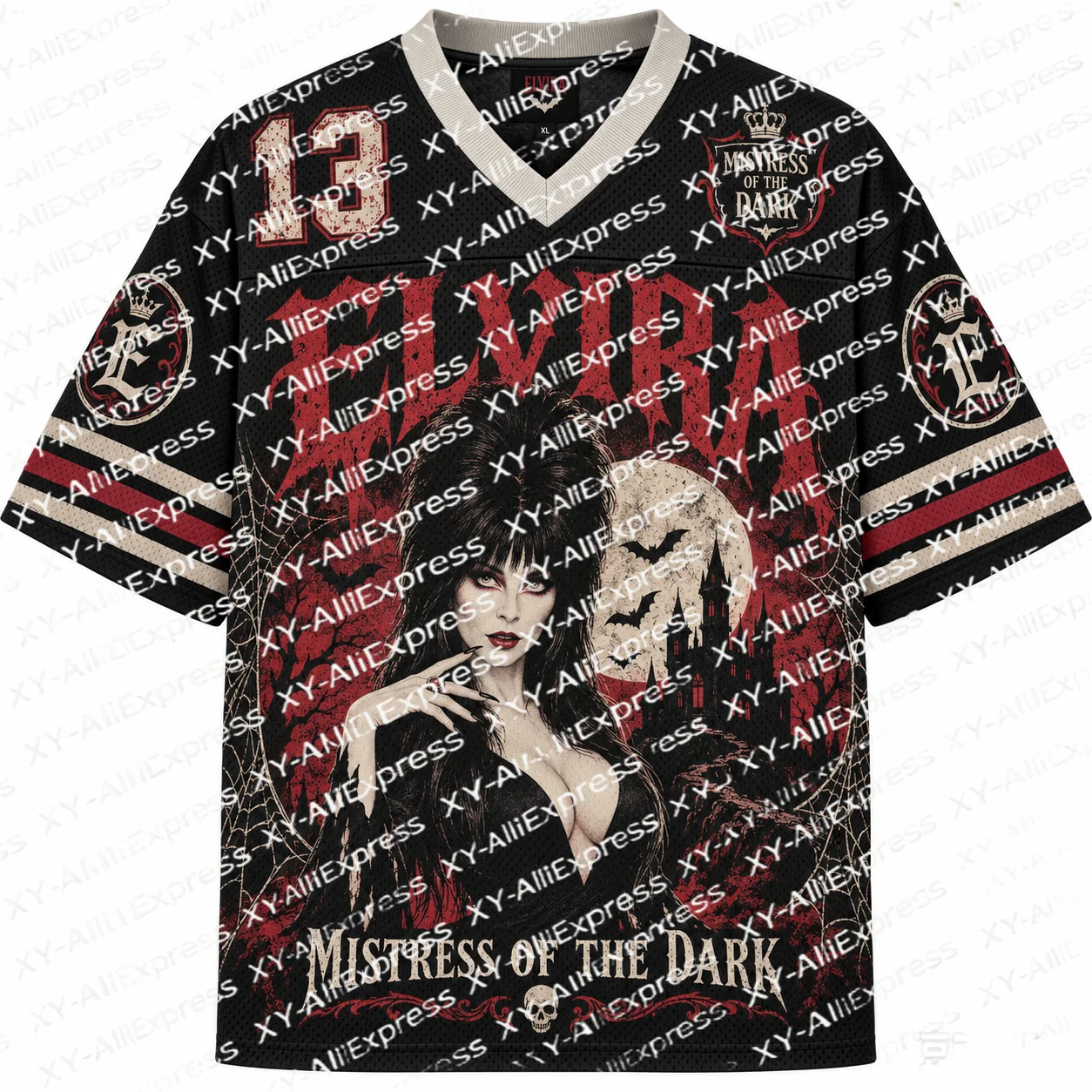 Goth Dark Queen Mesh Hockey Jersey Vintage Castle Bat Moon Print V-Neck Short Sleeve Black and Red Striped Street Horror T-Shirt