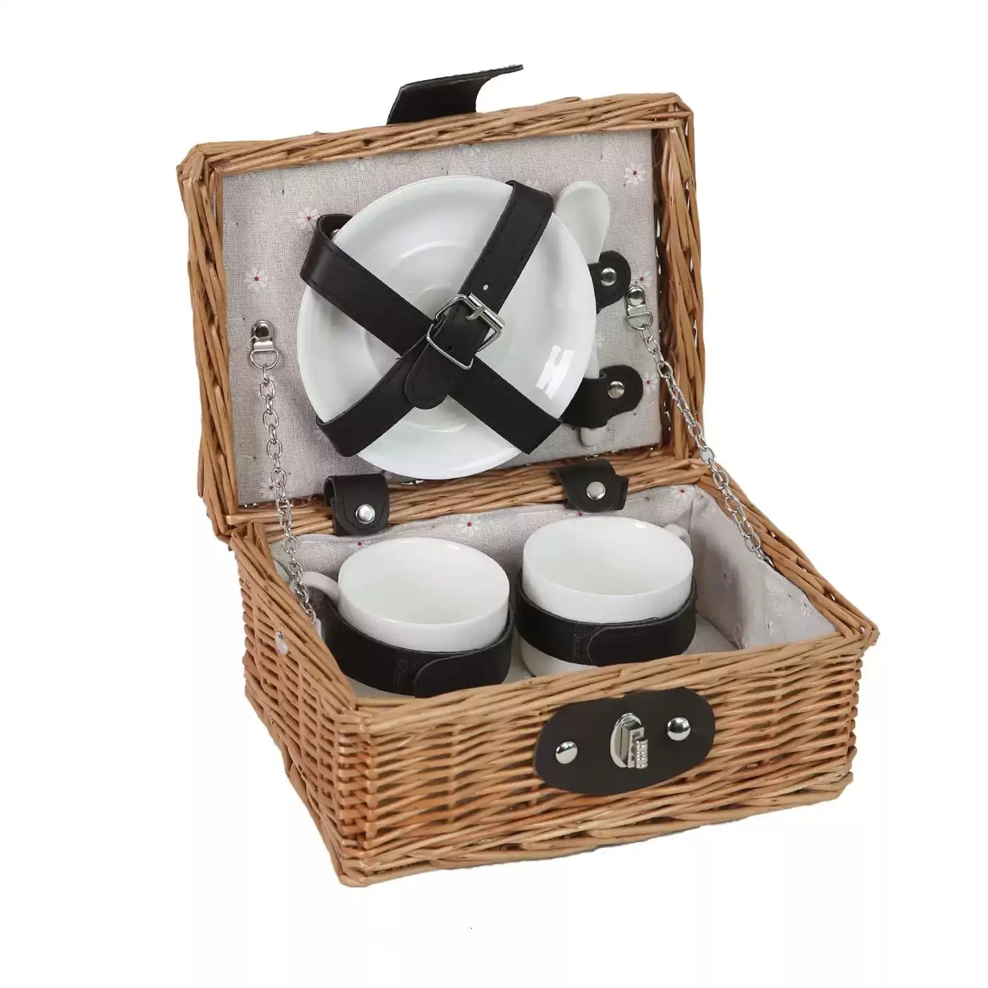 2 Person Willow Picnic Basket Set, Wicker Tea Coffee Hamper with 2 Ceramic Cups, Saucers & Spoons, Portable Outdoor Picnic - view 3