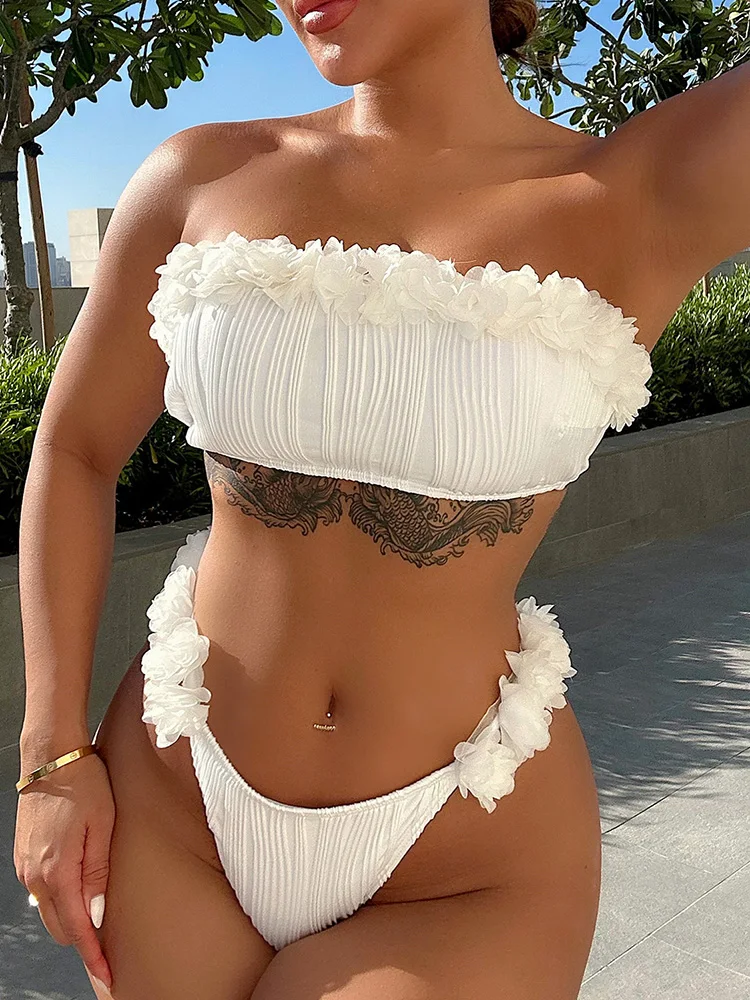 

White Floral Women Swimwear Two-piece Swimsuit Sexy Bikinis Sets Wrinkled Bather Bathing Suit Swim Female