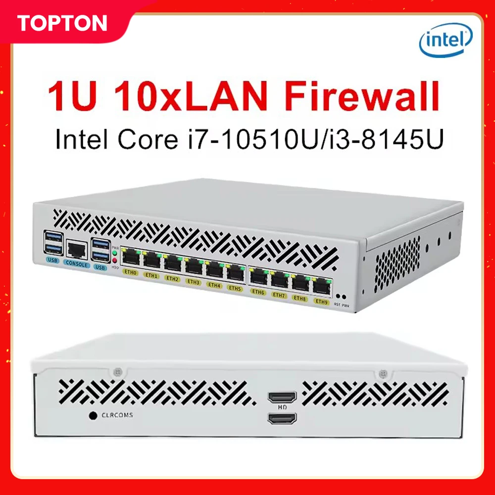 

Topton 10x1GbE LAN 1U 9.5 Inch Rack Mounted Firewall Appliance Mini PC Intel Core i7 10510U i3 8145U Routing System Home Server