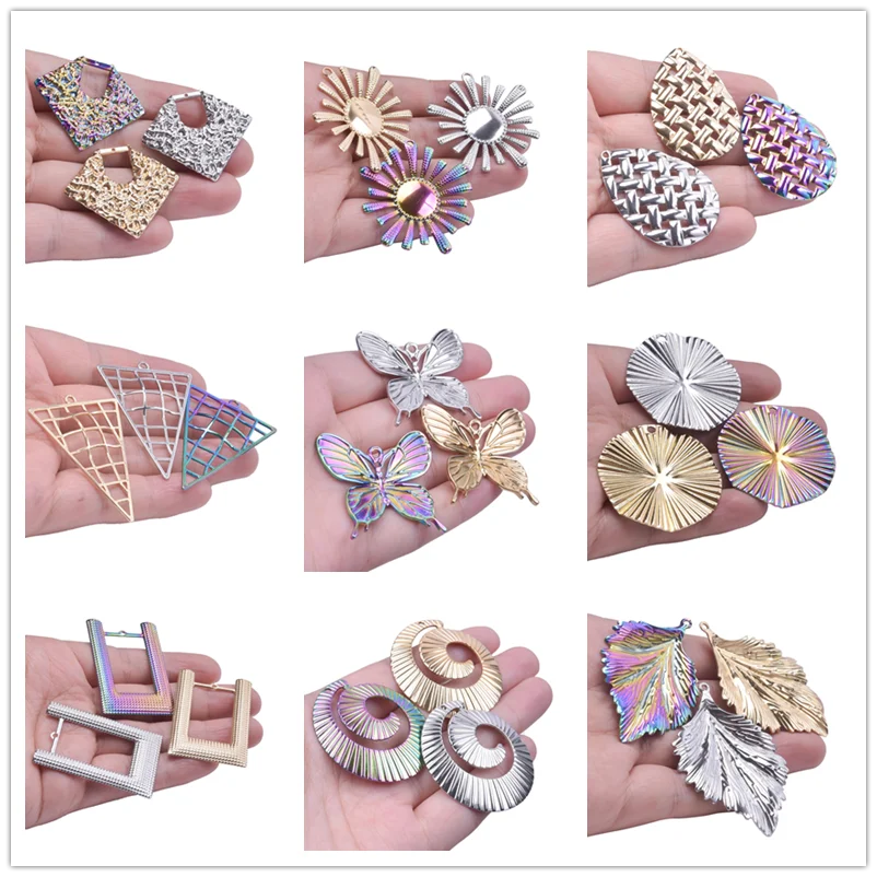 

2pcs Big Stainless Steel Charms For Jewelry Making Bulk Metal Sun Leaf Butterfly Pendant Geometry Round Triangle DIY Accessories