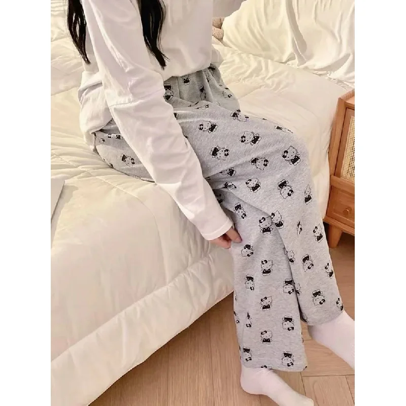 Women's Hello Kitty Pajamas Comfortable and Cute Cartoon Lounge Pants Cotton Loose Y2K Fashion Women's Pants - Image 3