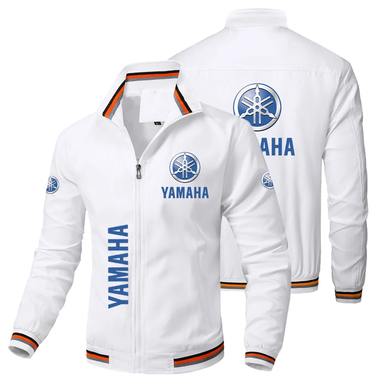 Motorsport stand-up collar zip jacket in White, front and back view with tuning fork graphic