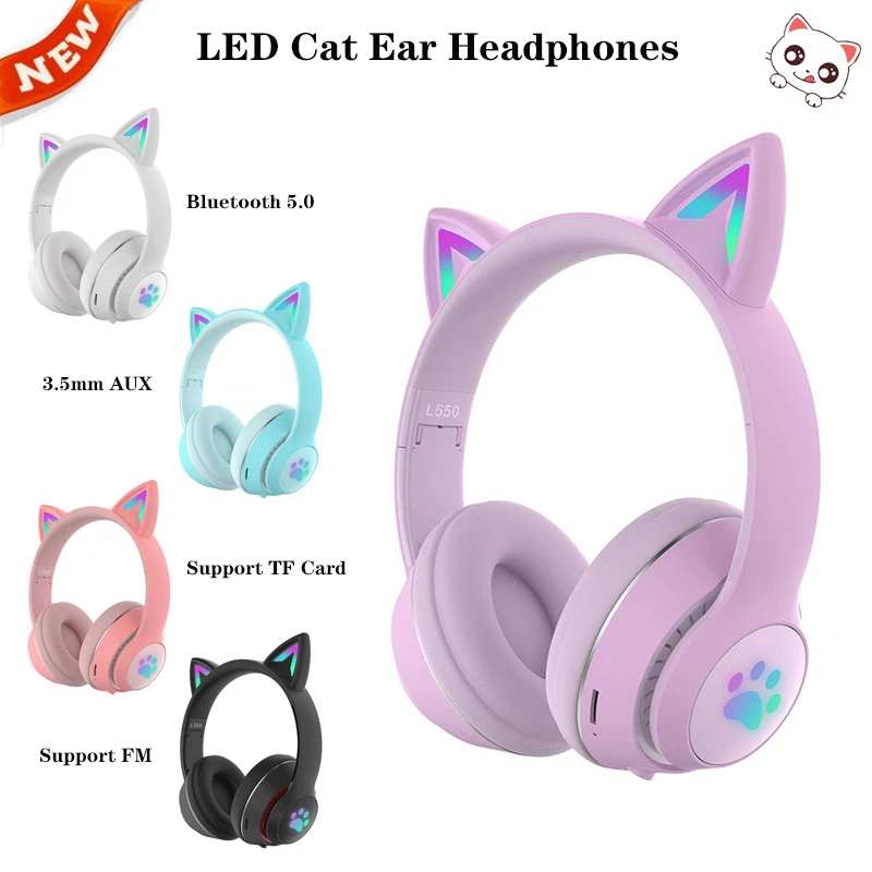 New LED Cat Ear Headsets Cute  Wireless Headphones Bluetooth 5.0 Gaming Headset With Mic Best Gift Support TF card FM Radio