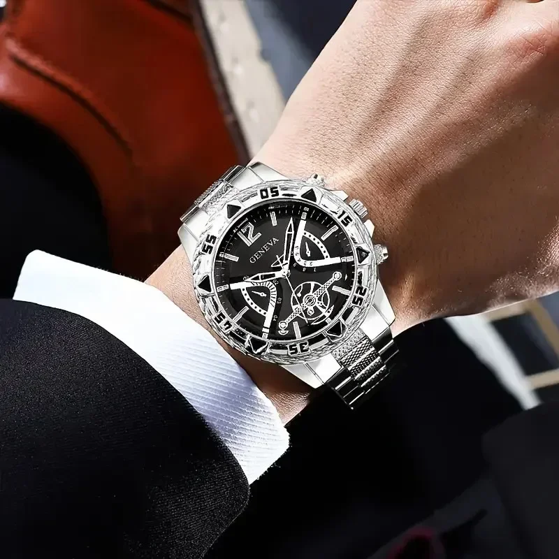 1pc-Luxury Men's Quartz Watch Classic Business Men Wristwatch Large Dial Alloy Steel Strip Three Eye Men's Quartz Watch