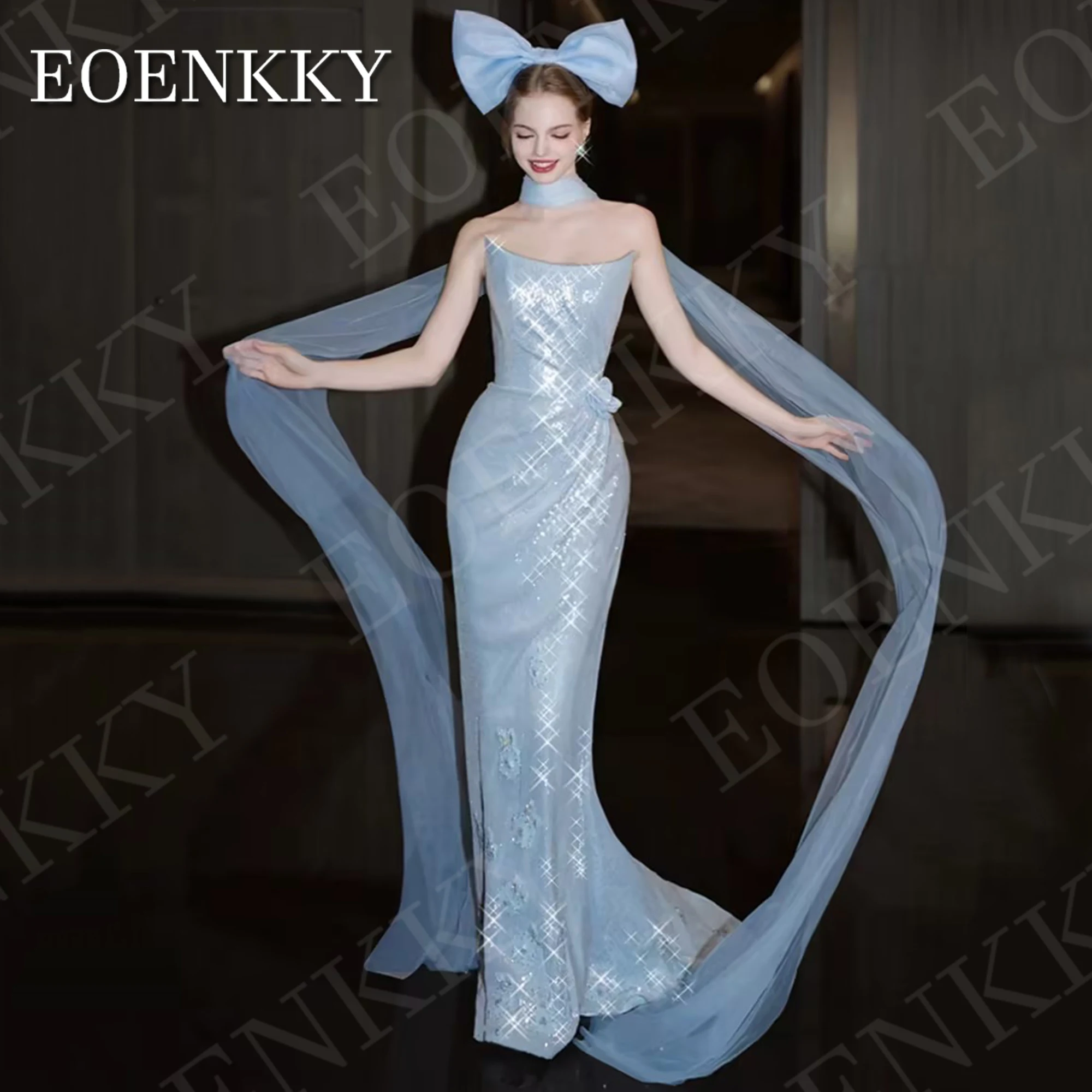 EOENKKY Glitter Mermaid Evening Dress Prom Sparkly Sequin Sleeveless Formal Party Dresses Sky Blue Customized vestidos de fiesta