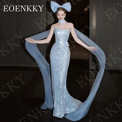 EOENKKY Glitter Mermaid Evening Dress Prom Sparkly Sequin Sleeveless Formal Party Dresses Sky Blue Customized vestidos de fiesta