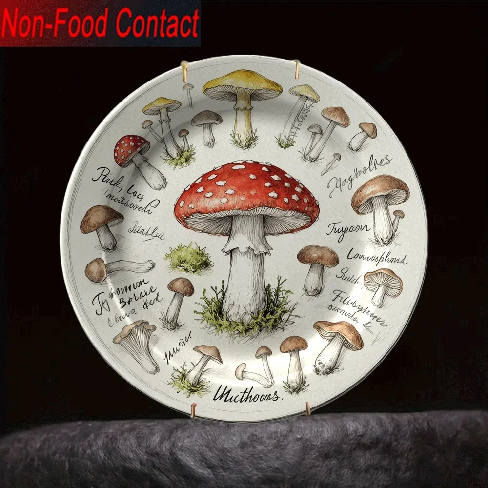 2D Flat, 1pc Hand-Painted Mushroom Ceramic Decorative Plate - Non-Food Contact, Classic Style Round Tabletop Art for Home,