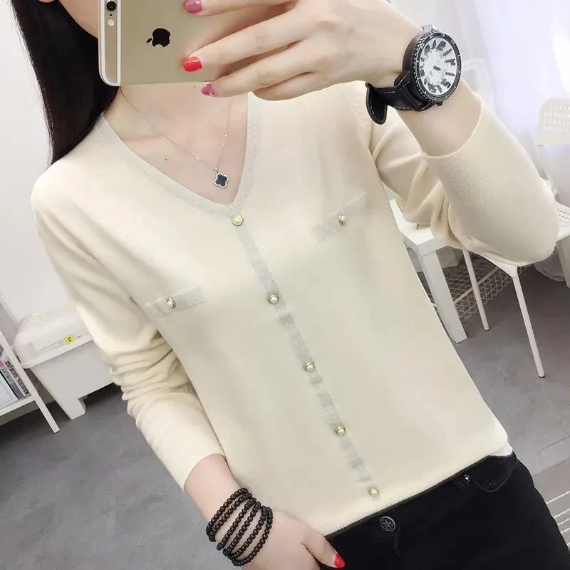 Women Sweater V-neck Spring Autumn Knitwear Long Sleeve Slim Warm Sweater Pullovers Lady Basic Jumpers Knitted Bottoming Shirt