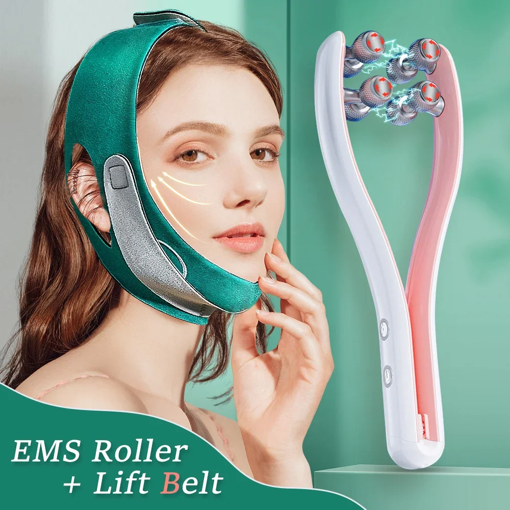 Electric EMS Face Lifting Roller Massage Vibration Facial Massager Reduce Double Chin Removal V Line Lift Beauty Belt Skin Care