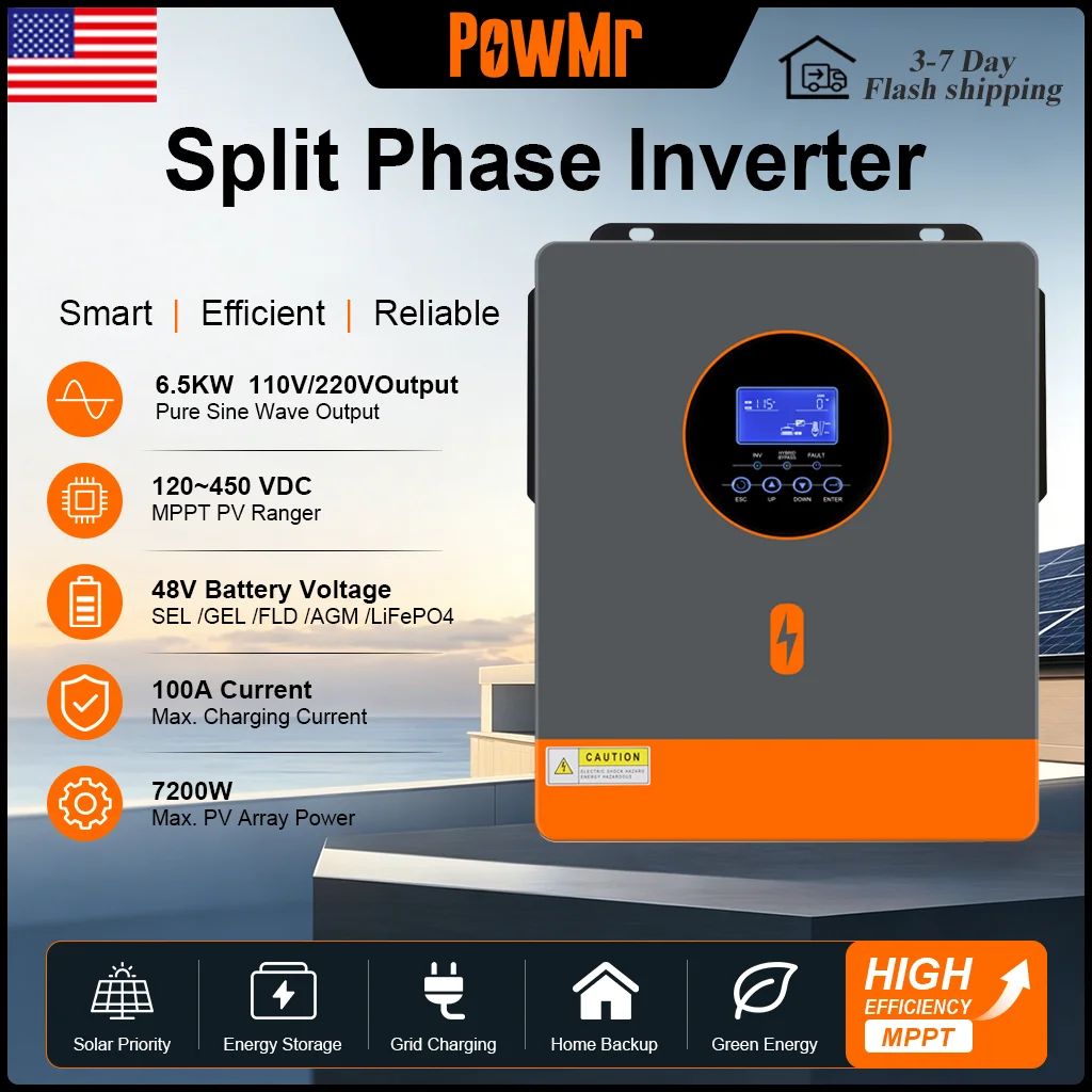 PowMr 6.5kW Hybrid Solar Inverter 48V Split Phase 120/240VAC MPPT 100 -500Vdc Built in LCD BMS RS485 WiFi Option Lead-Acid/Li-Ion Compatible for Solar Home