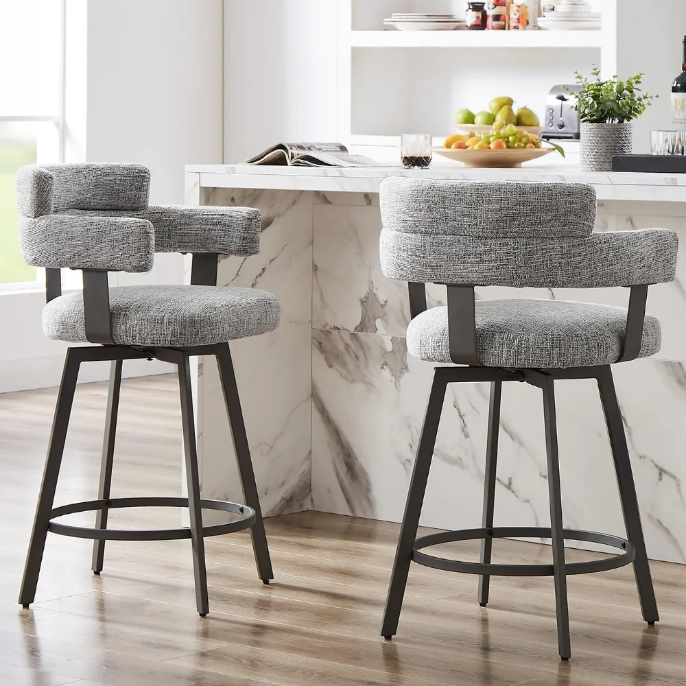 

Set of 2 Bar Stools with Full Back, Swivel Counter Stools with Linen Padded Back, Metal Footrest, Counter Height Modern Barstool