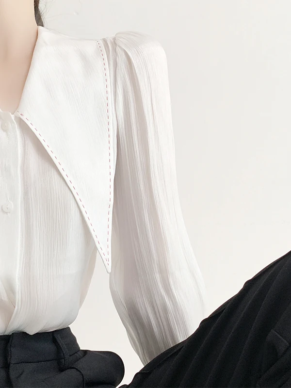 

Sana 2023 Autumn New Pointed Collar Loose Pure Color irt Design Sense Retro Sle Long Sve Women's Busin Casual irt