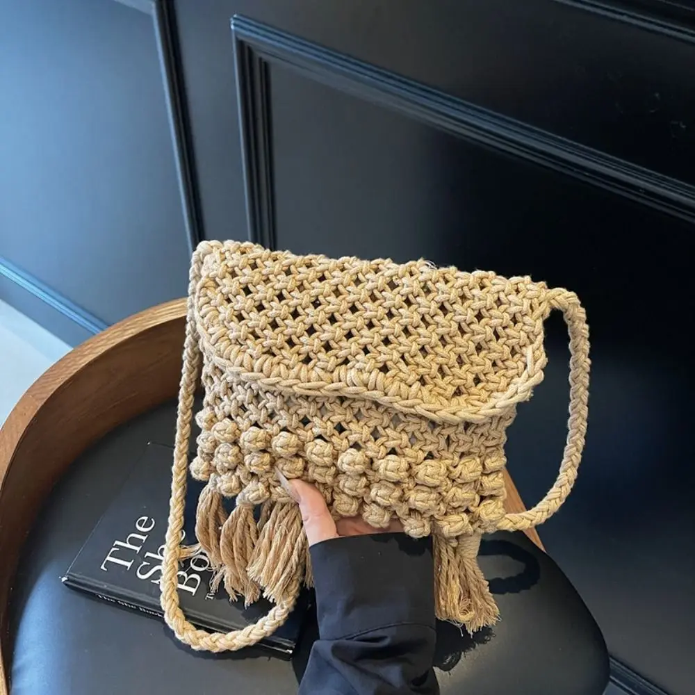 

Hollow Out Cotton Thread Woven Bag Beach Handbag Crochet Tassel Beach Bag Large Capacity Bucket Bag Hollow Shoulder Bag Shopping