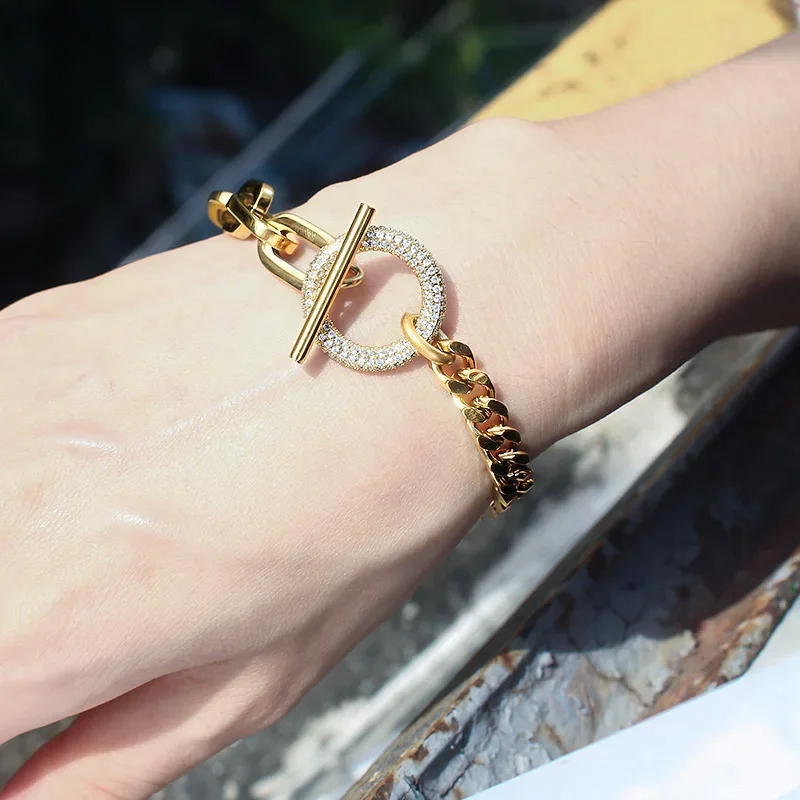Classic Thick Cuban Link Chain Bracelets Female Gold Color Stainless Steel CZ Crystal Stones Link Hand Chains for Women