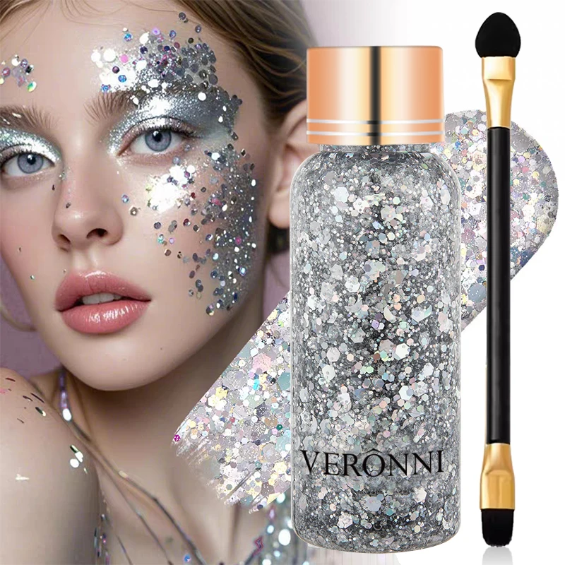 2Pcs Face & Body Glitter Makeup Set with Applicator Brush, Sparkle Sequins For Festival Party Eye Shadow Nail Art Decoration