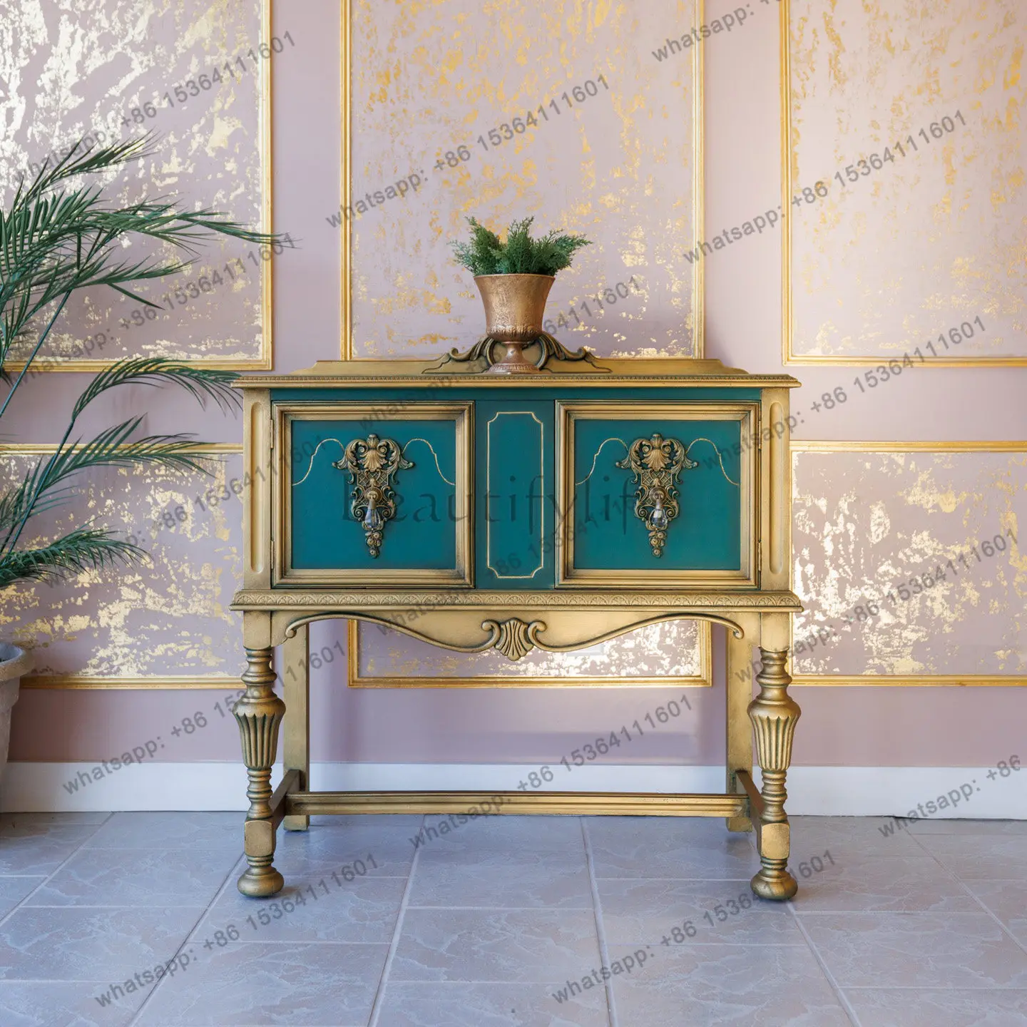 French retro old solid wood porch cabinet American luxury color matching double door decorative cabinet