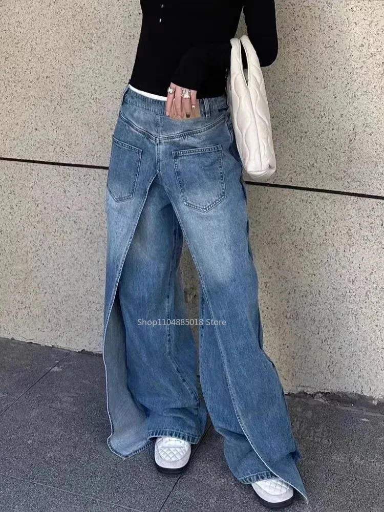 Y2k Vintage Blue Baggy Jeans Women High Waist  Aesthetic Harajuku Denim Trousers 90s Trashy Emo 2000s Grunge Cargo Pants