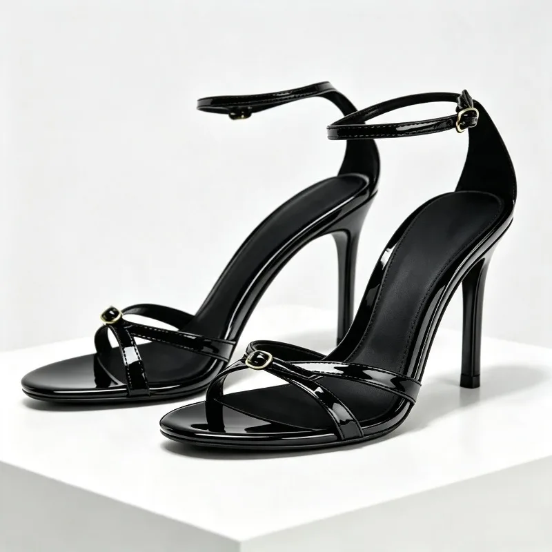 Black Patent Leather Buckle High Heel Sandals Women Fashion Round Toe Ankle Strap Party Dress Shoes Elegant Brand Designer Shoes view 2