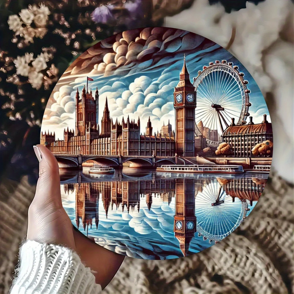 [2D Flat] 7.8X7.8 Inches (20X20 Cm) 2D Printed Round Metal Sign Featuring The Famous Landmarks Big Ben And The London Eye - Perf