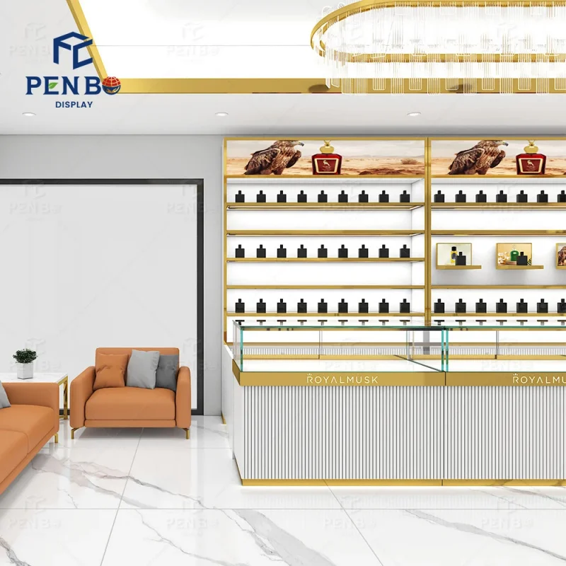 custom.Modern Perfume Boutique Interior Design with Custom Waterproof Display Furniture Shelves and Counters