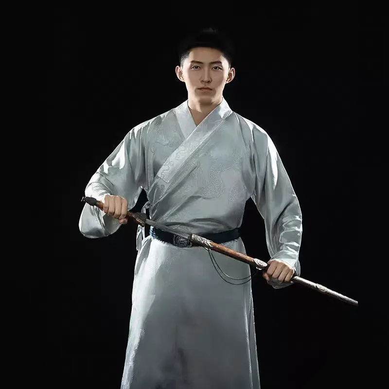 Original Dragon Pattern Silver-Gray Cross-collar Hanfu Robe For Men Traditional Chinese Hanfu Accessories Lining Robe For Men
