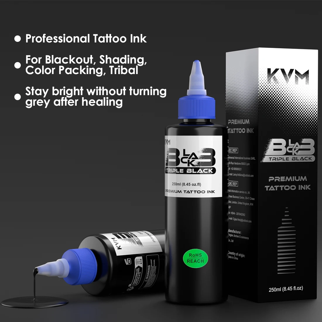 

KVM 8oz Black Tattoo Ink Pigment Professional Permanent Body Art Paint for Tattoo Supplies & Artists Long Lasting Tattoo Color