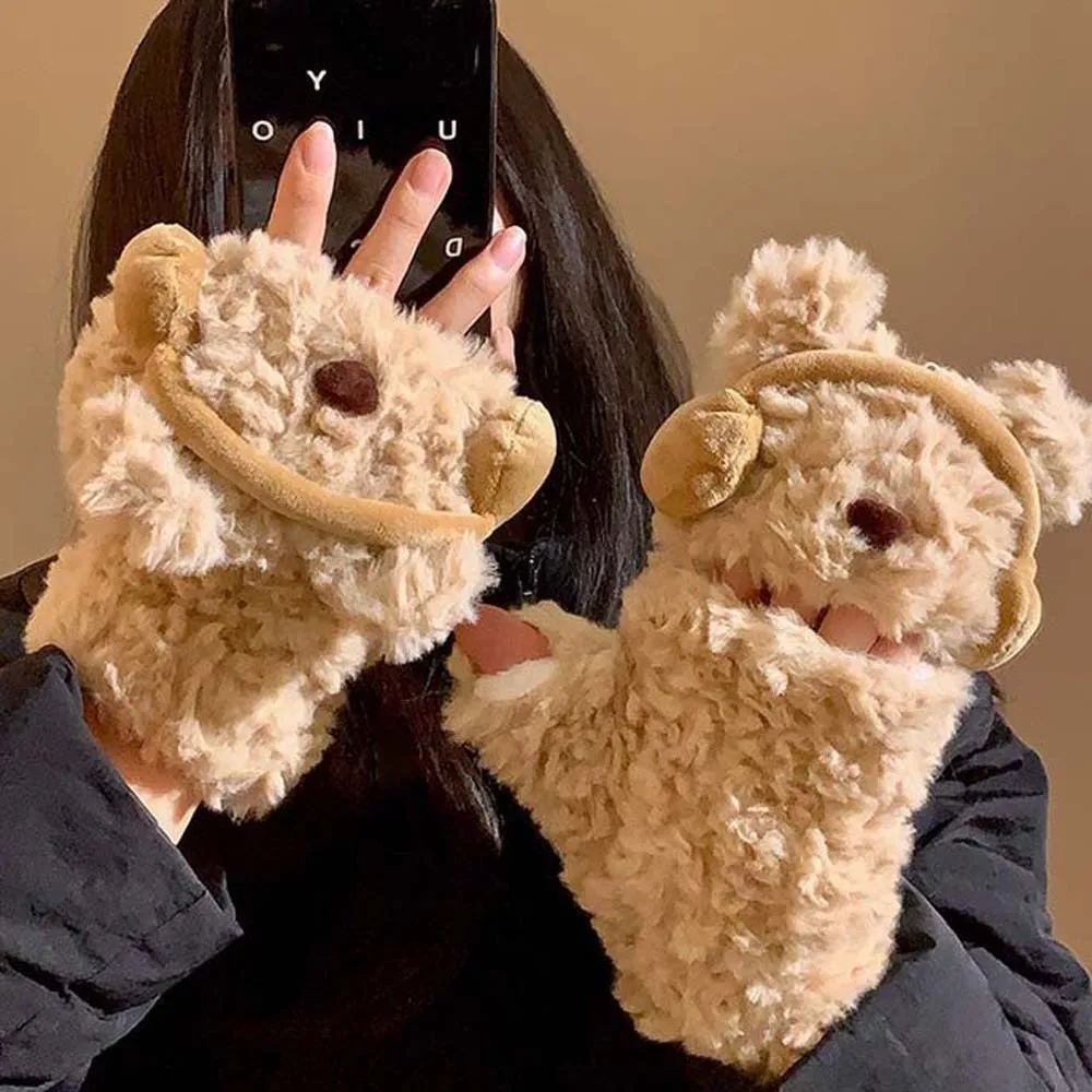 

Cute Flip-top Cartoon Bear Gloves Windproof Acrylic Fibers Winter Gloves Warmer Thickened Anti-cold Mittens Gifts