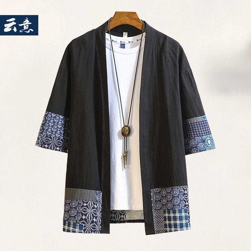 

Men's Loose Fit Pure Cotton Thin Cardigan Outerwear Chinese Sle Faion Urban Summer Casual irt Seven Sve Long Home Wear