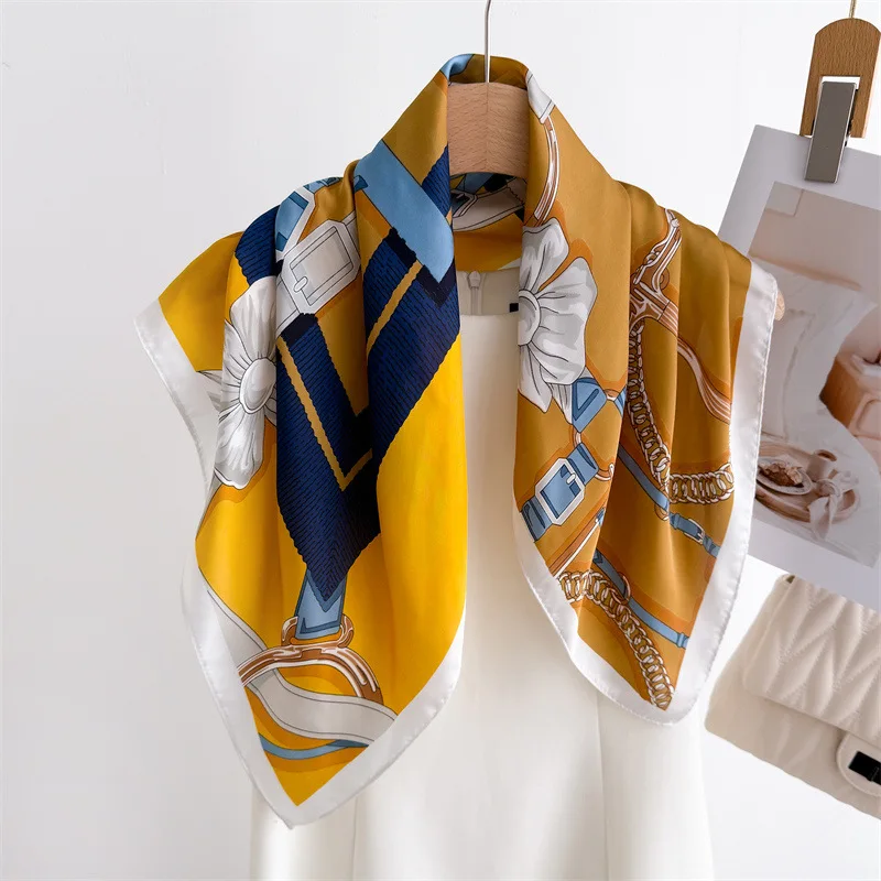 Foulard De 70cm Carre En Soie Imprime Pour Femmes, Diseño De Luxe, Bandeau Cheval En Satin Doux, Foulard De Bureau