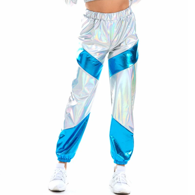 Women Reflective Pants Colorful Laser High Waist Disco Pants Metallic Holographic Trouser Club Dance Performance Hip Hop Joggers