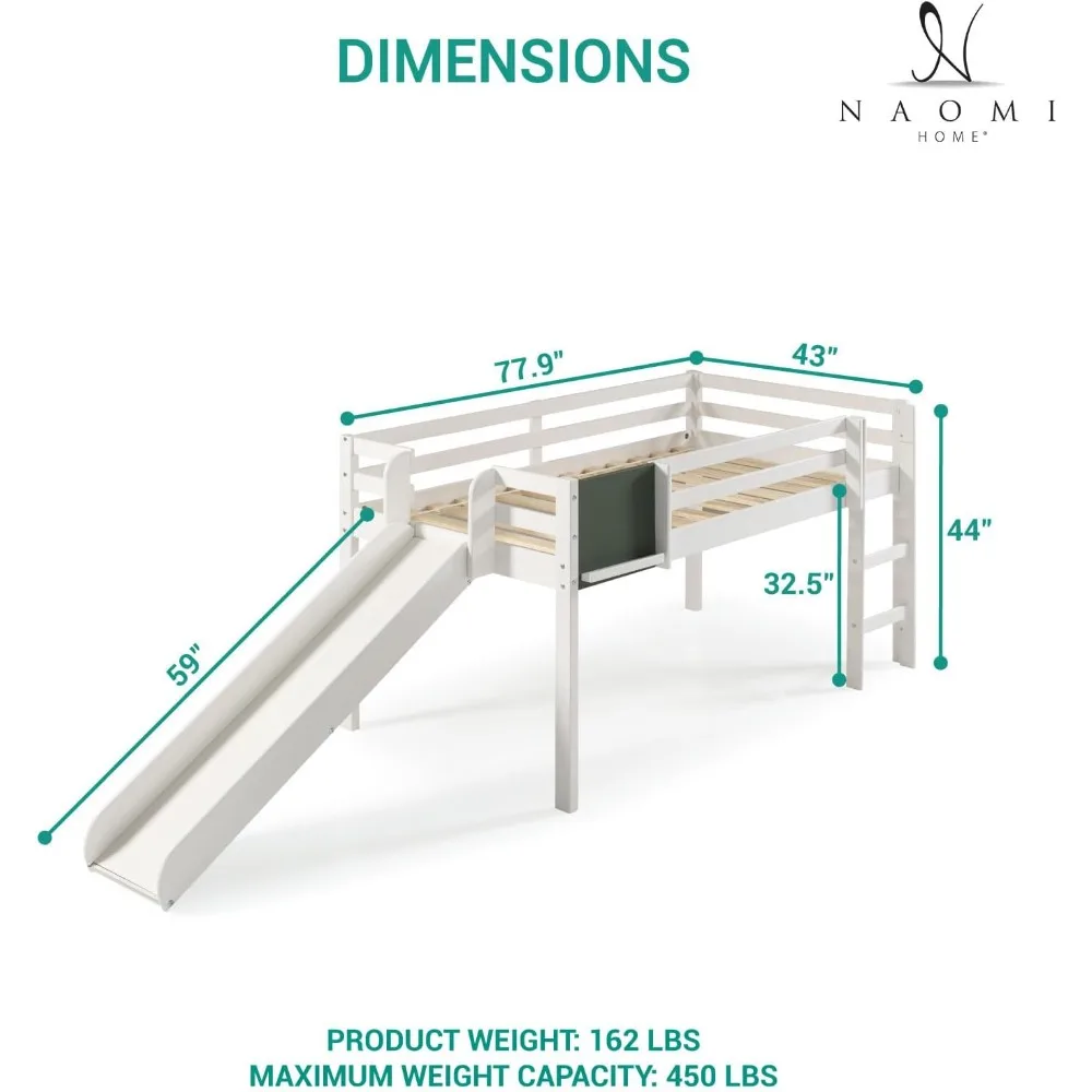 Kids Loft Bed with Slide, Twin Loft Beds with Slide, Toddler Loft Beds with Slide, Pine Wood Space Saving Kids Bed Frame