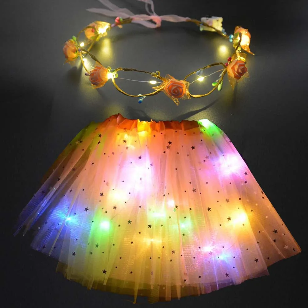 

Women Girls Halloween LED Tutu Skirt Light Up Layered Neon Tulle Flower Wreath Crown Headband Party Carnival Costume
