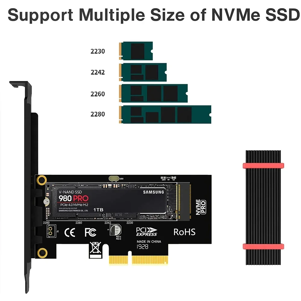 JEYI M.2 PCIe naar NVMe-adapter met aluminium koellichaam, 64Gbps PCIe4.0 X4 Gen4 NVMe M.2-uitbreidingskaart, 2230/2242/2260/2280 M-sleutel