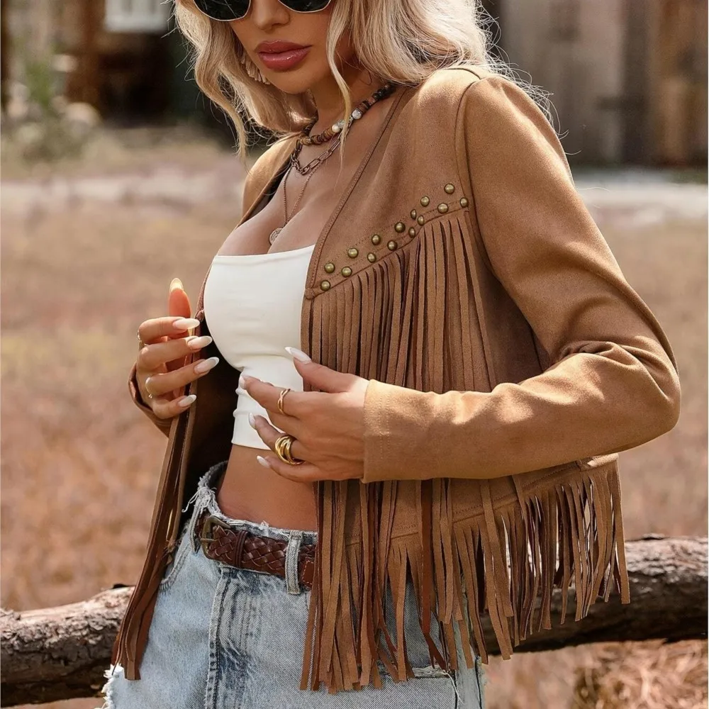 

Casual Jacket Tassel Solid Color Fashionable Spring Summer Splicing Bohemian Style Imitation Suede Long Sleeve Tassel Coats