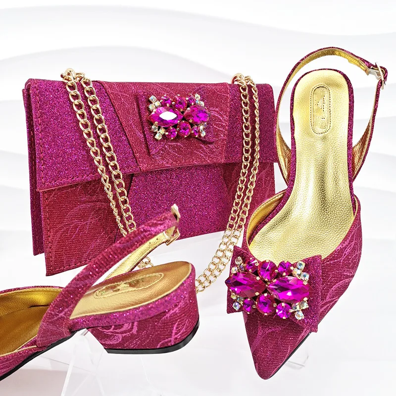 

Wonderful Fuchsia Med Heel 3.5CM Women Pointed Toe Shoes Match Crystal Handbag African Dressing Pumps And Bag Set MM1152