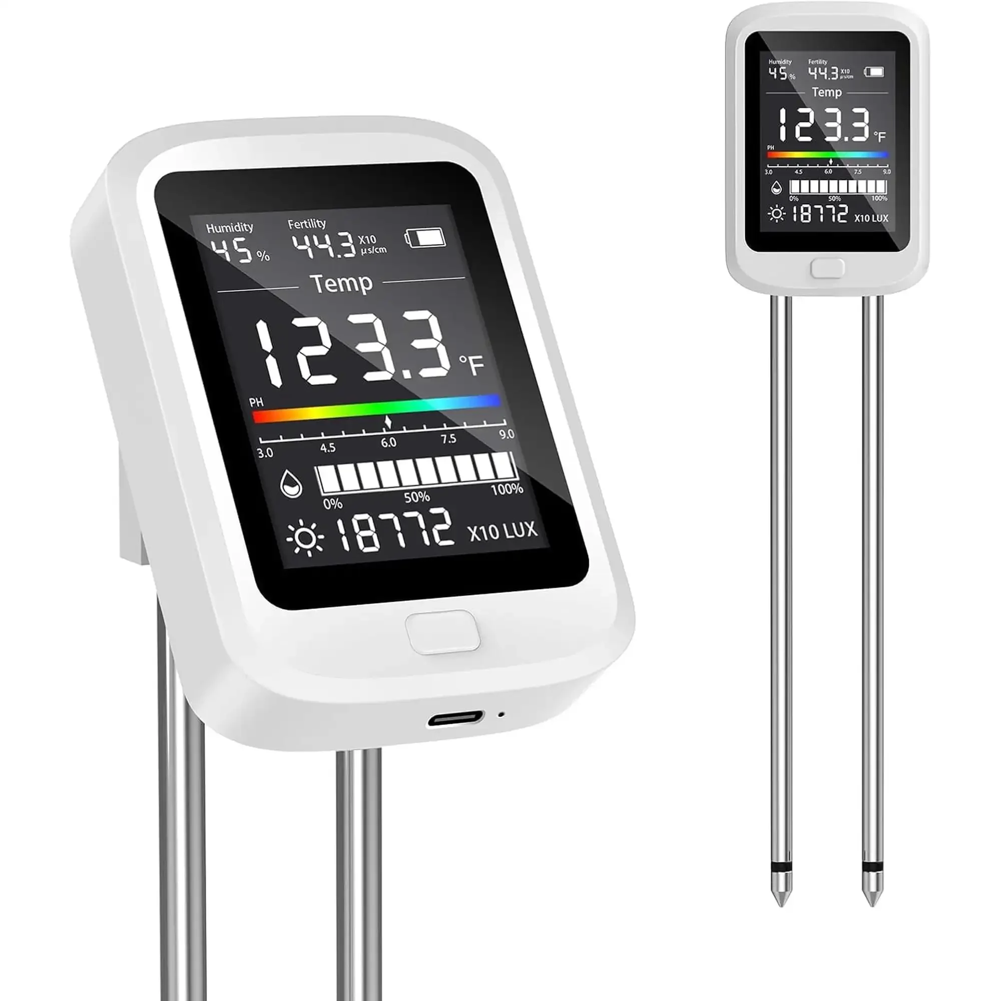 6 in 1 Soil PH Tester Double Needle Ambient Humidity Temp Soil Moisture Tester Rechargeable Moisture Meter for Garden