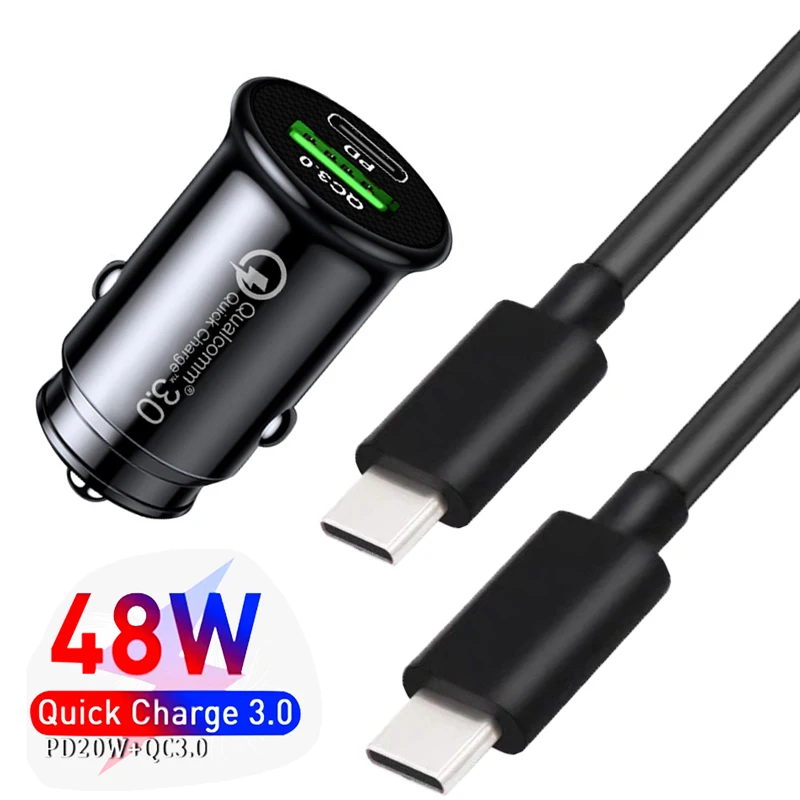

48W Car Charger PD USB Type C Fast Charging Car Phone Adapter For Xiaomi Huawei Samsung S22 S21 Plus USB C to Type C Phone Cable