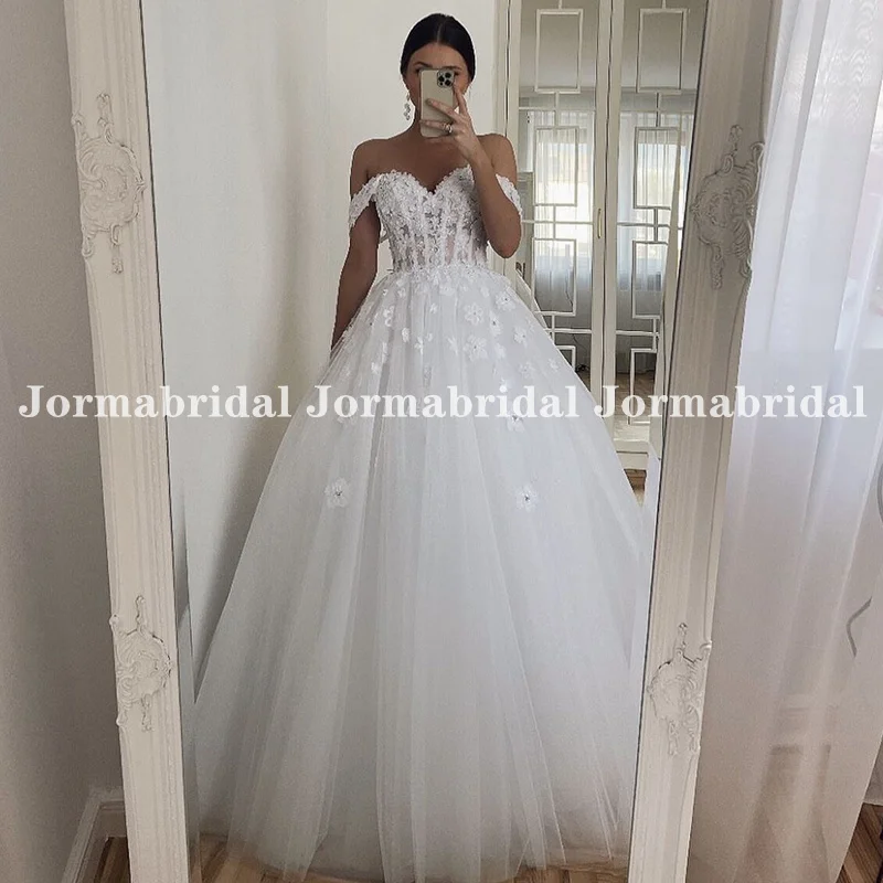 Off the Shoulder White Tulle Wedding Dresses Sweetheart Neckline Exposed Boning Appliqués Ball Gown Bridal Dress suknia ślubna