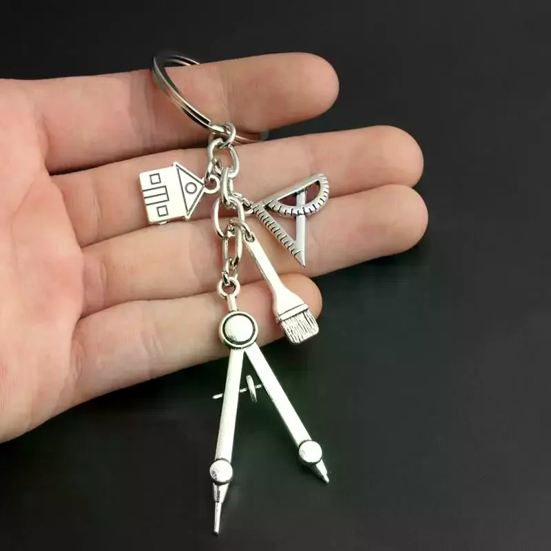 1pc Home Silver Color Keychain Building Triangular Ruler Painting Compass For Architects Engineers Drawing Gifts Jewelry